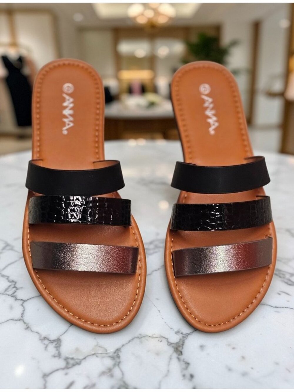 Womens Multi-Strap Slide Sandals With Faux Leather In Black Metallic & Croc-Embo